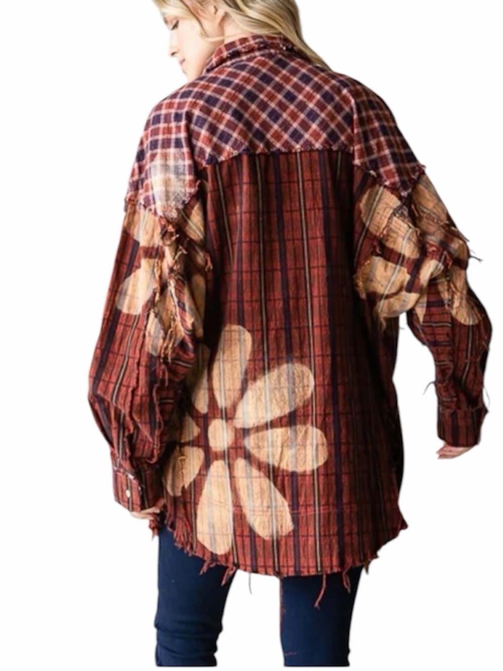Oli & Hali | Women’s Boho Mixed Media Plaid Flannel Shacket Floral Detail Size L - Picture 2 of 8